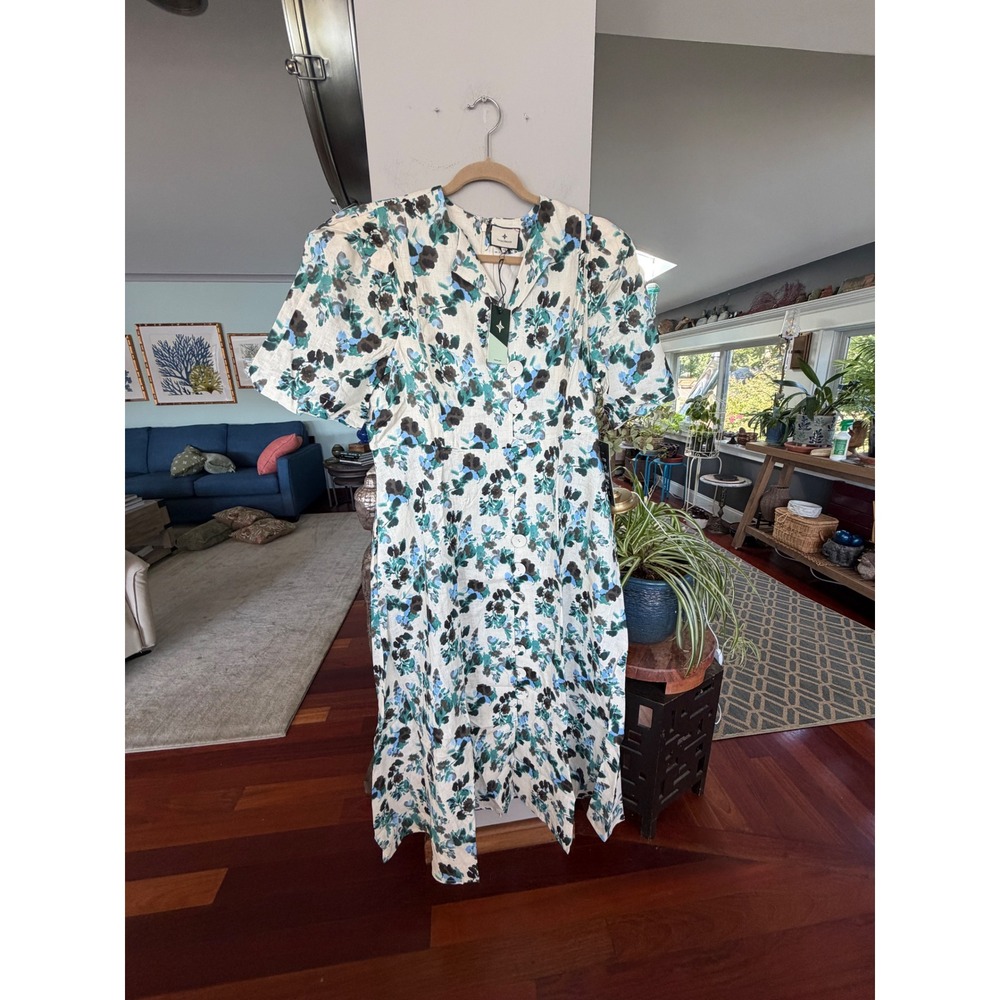 Tuckernuck Nyada Dress Women L Blue Floral NWT Linen Midi Coastal Cottagecore